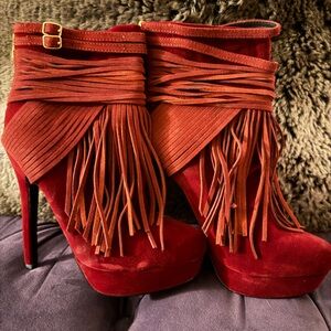 Colin Stuart Red Suede Fringe Heeled Boots *Brand New*